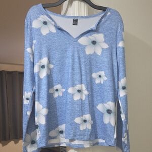 Blue Relaxed Long Sleeve Blouse with White Floral Design